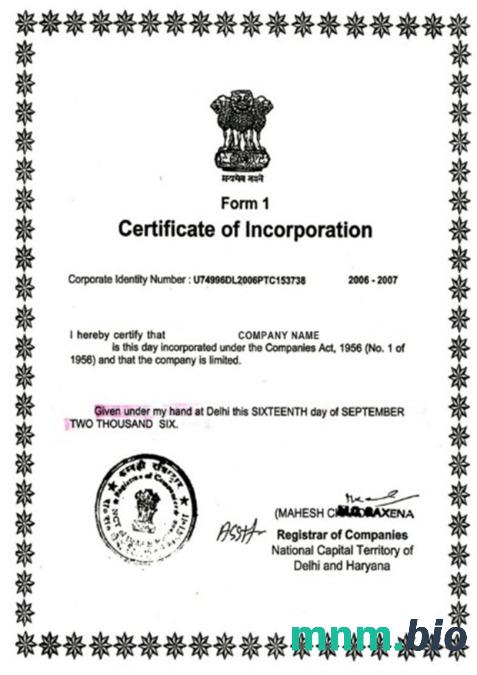 India vcertyfikat of inkorporacja Word i szablon PDF